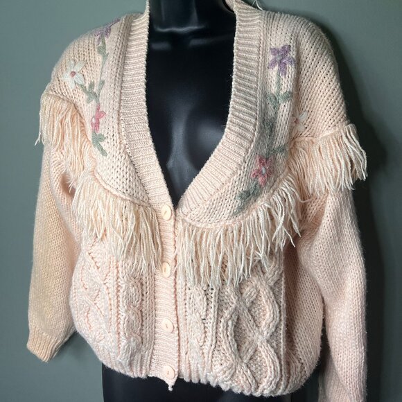 Sarit Sweaters - Vintage Sarit Hand Knit Floral Fringe Cardigan Sweater | EUC | Medium
